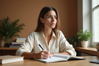 Femme écrivant ses pensées et objectifs dans un journal ouvert sur un bureau en bois, illustration du lien entre confiance en soi et réussite personnelle