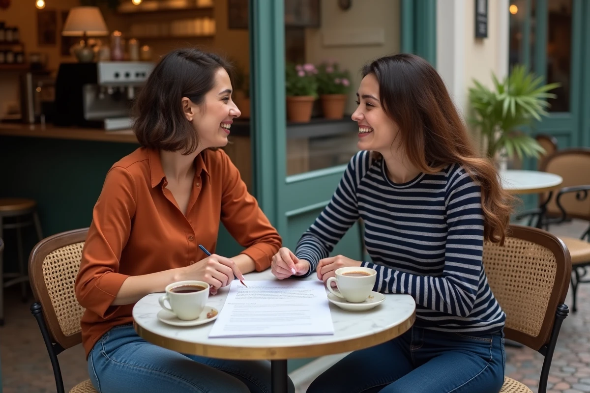 Deux femmes dans un café parisien discutant d'une correction orthographique sur un document imprimé