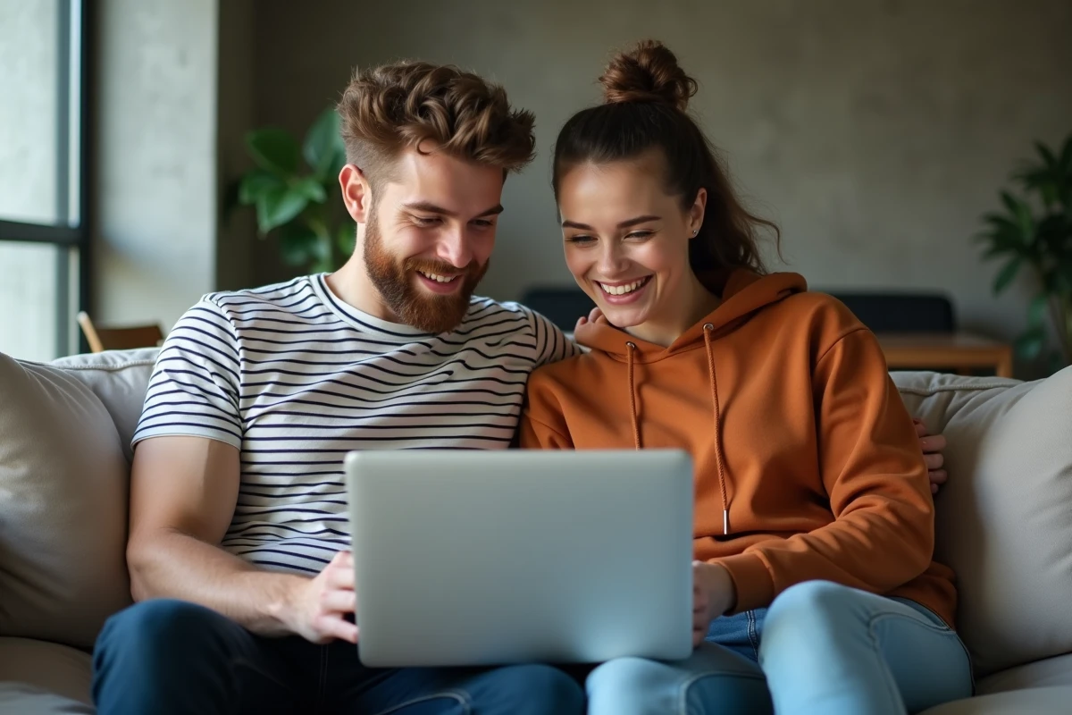 Deux jeunes adultes découvrant ensemble le fonctionnement du site Govioz sur un ordinateur portable dans un salon moderne