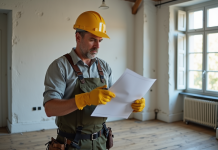 Homme français lisant un document électrique dans un appartement rénové