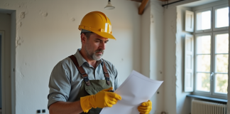 Homme français lisant un document électrique dans un appartement rénové