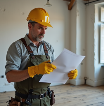 Homme français lisant un document électrique dans un appartement rénové