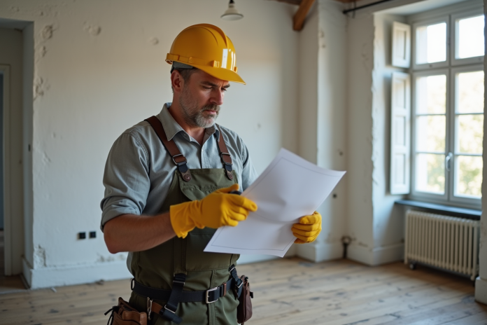 Homme français lisant un document électrique dans un appartement rénové