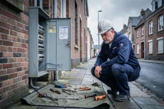 Électricien d'urgence intervenant sur un tableau électrique extérieur dans le Pas-de-Calais