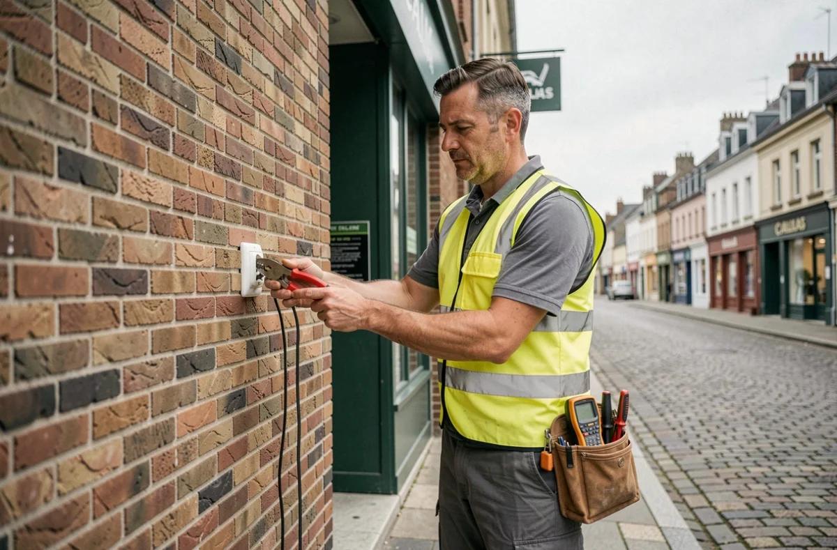 Électricien d'Electricité Calais remplaçant une prise électrique extérieure sur une façade commerciale