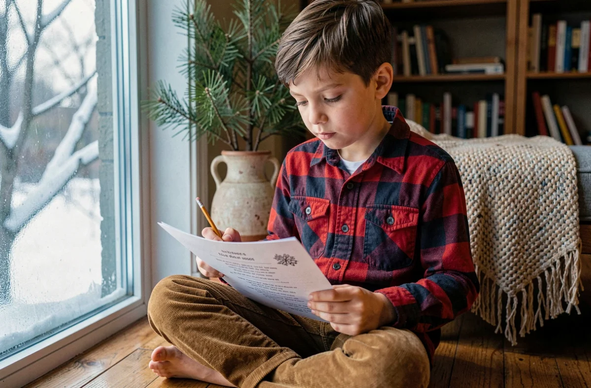 Jeune garçon concentré sur une fiche de compréhension orale d'un poème sur l'hiver près d'une fenêtre givrée