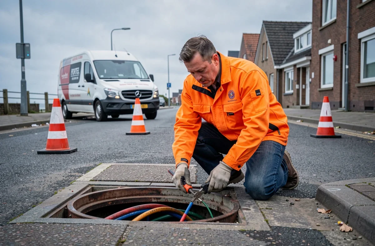 Technicien ENERGYDIS au Portel travaillant sur un câble souterrain en milieu urbain