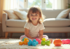 Petite fille souriante assise sur un tapis lumineux