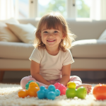 Petite fille souriante assise sur un tapis lumineux