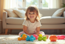 Petite fille souriante assise sur un tapis lumineux