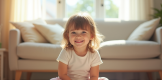 Petite fille souriante assise sur un tapis lumineux
