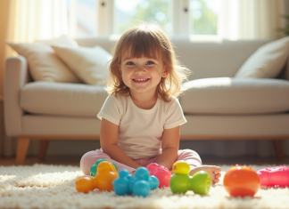 Comment choisir le jouet idéal pour une fille de 2 à 3 ans ? Petite fille souriante assise sur un tapis lumineux