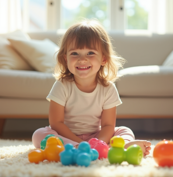 Petite fille souriante assise sur un tapis lumineux