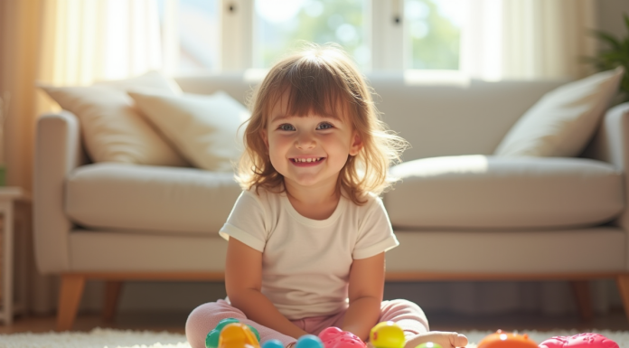 Petite fille souriante assise sur un tapis lumineux