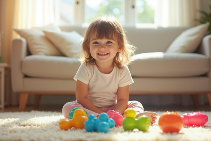 enfant-bebe-souriante-jouets-colories Petite fille souriante assise sur un tapis lumineux