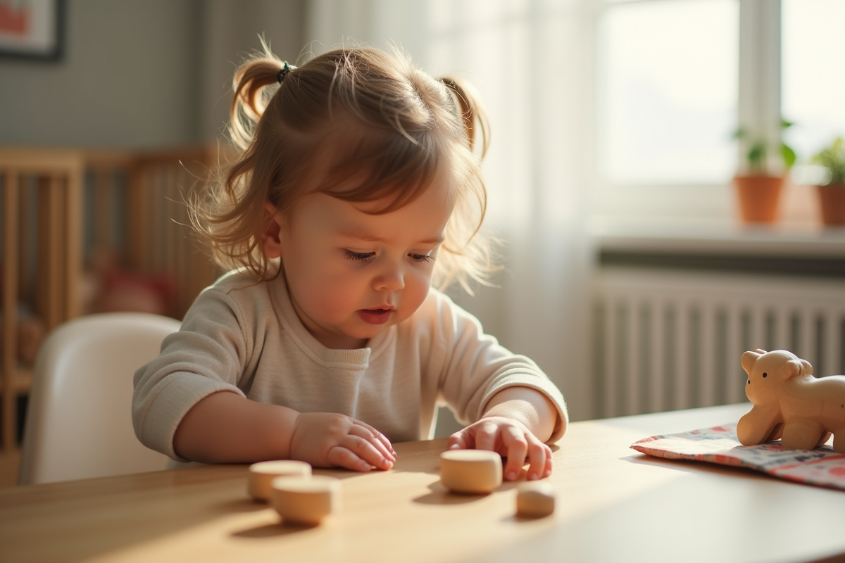 Fille curieuse atteignant un jouet en bois dans une nurserie