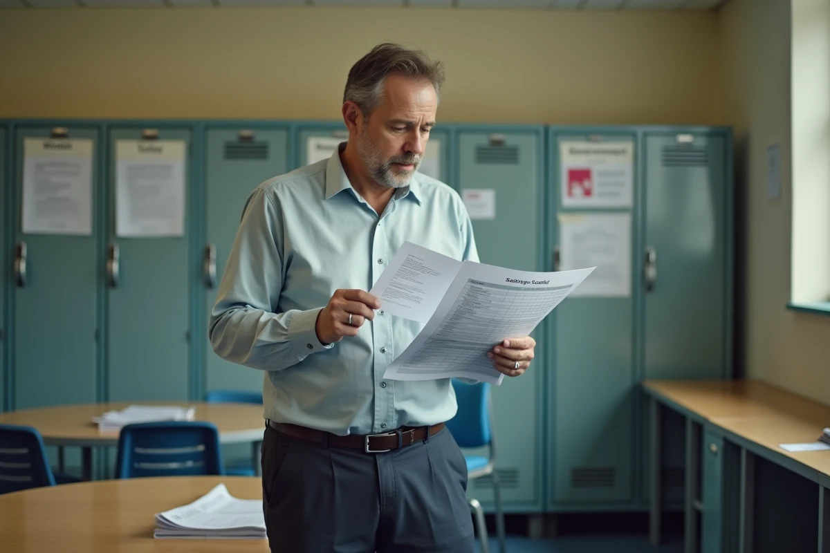 Enseignant certifié en reconversion professionnelle lisant une grille indiciaire dans une salle des professeurs