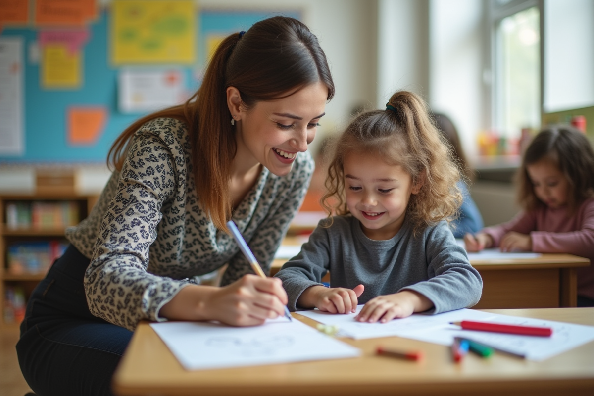 Enseignante aidant un enfant avec down syndrome en classe