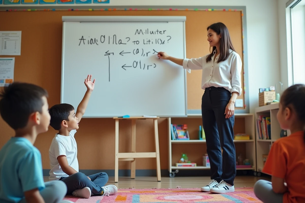 Enseignante expliquant la conversion des millilitres à des enfants dans une salle de classe avec un tableau blanc