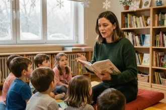 Enseignante lisant un poème sur l'hiver à des élèves en classe décorée de flocons de neige en papier