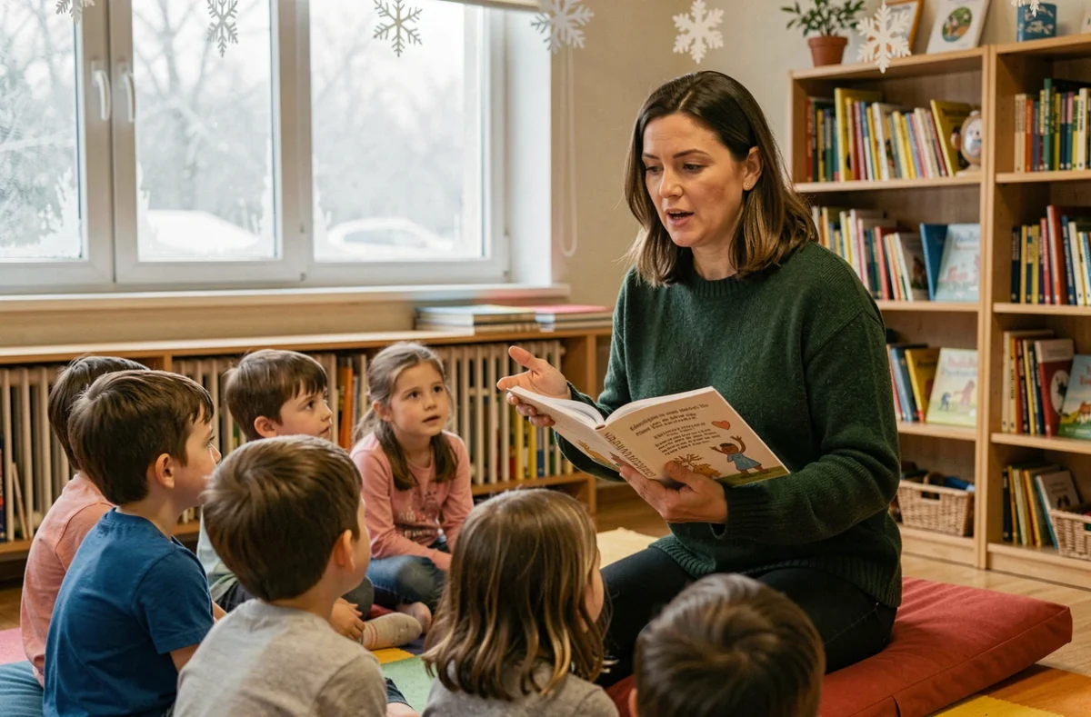 Enseignante lisant un poème sur l'hiver à des élèves en classe décorée de flocons de neige en papier