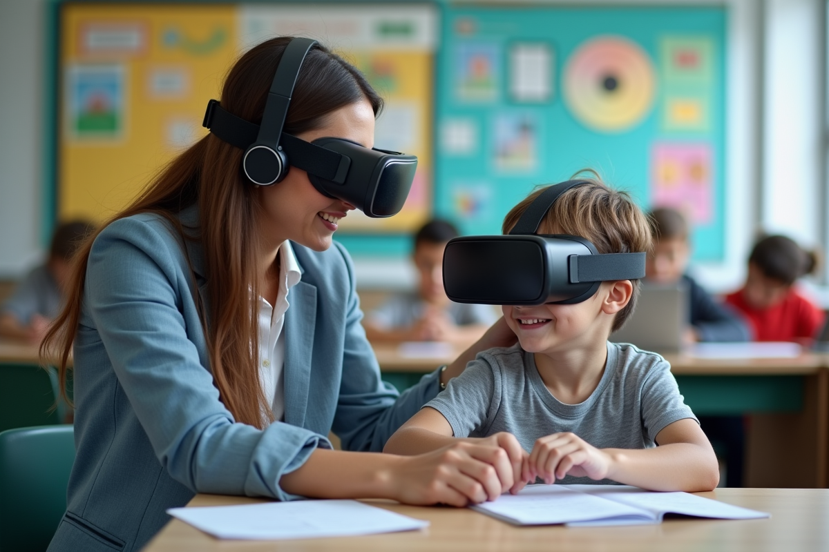 Enseignante aidant un enfant avec un casque VR en classe