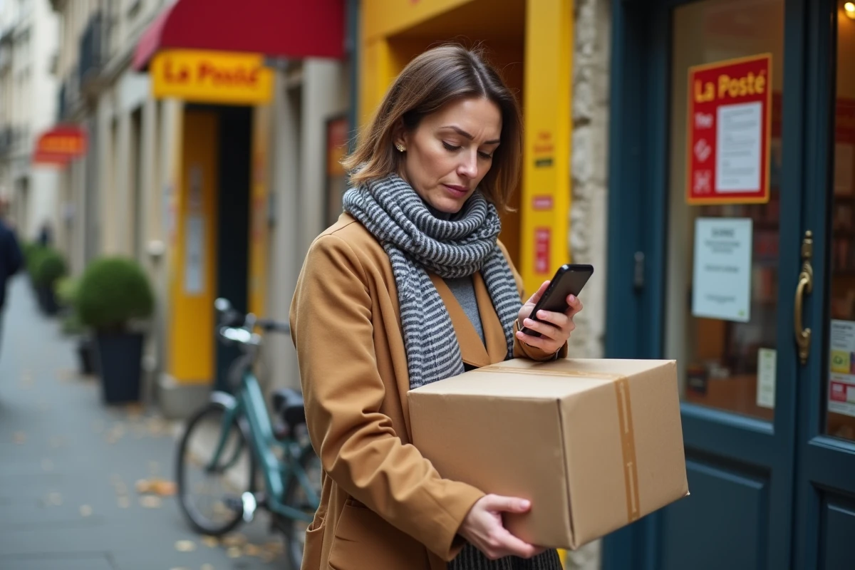 Femme tenant un colis Vinted devant un bureau de poste en vérifiant la confirmation d'envoi sur son téléphone