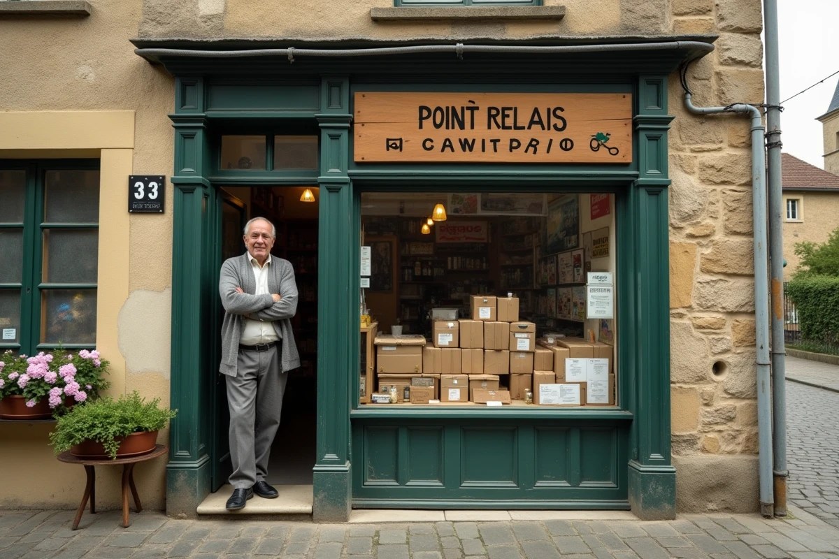 Devanture d'une épicerie de village rural affichant un panneau Point Relais Chronopost avec un commerçant à l'entrée