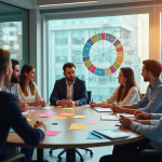 Equipe diverse discutant autour d'une table avec diagramme de communication