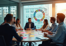 Equipe diverse discutant autour d'une table avec diagramme de communication