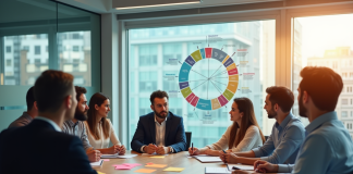 Equipe diverse discutant autour d'une table avec diagramme de communication