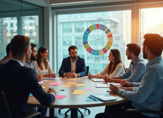 Equipe diverse discutant autour d'une table avec diagramme de communication