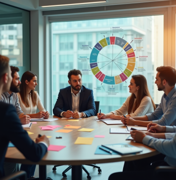 Equipe diverse discutant autour d'une table avec diagramme de communication
