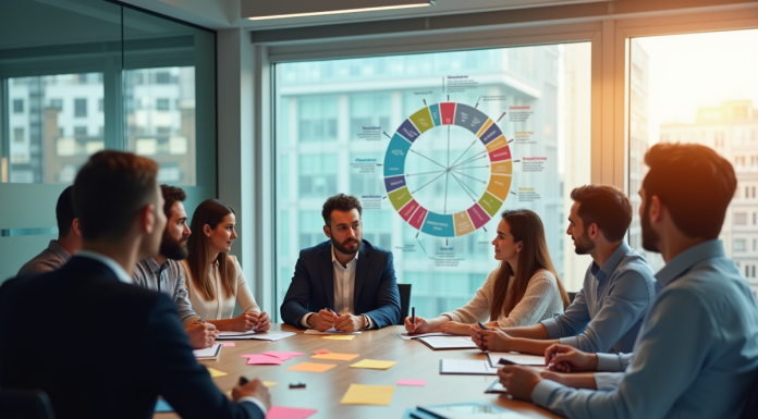 Equipe diverse discutant autour d'une table avec diagramme de communication