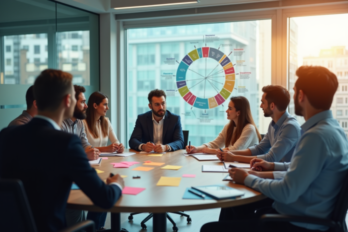 Equipe diverse discutant autour d'une table avec diagramme de communication