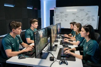 Équipe esports concentrée autour de postes de gaming dans une salle d'entraînement professionnelle pour Game Aeonscope