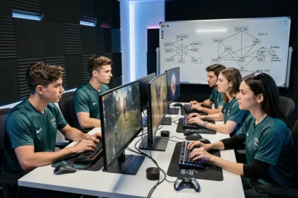 Équipe esports concentrée autour de postes de gaming dans une salle d'entraînement professionnelle pour Game Aeonscope