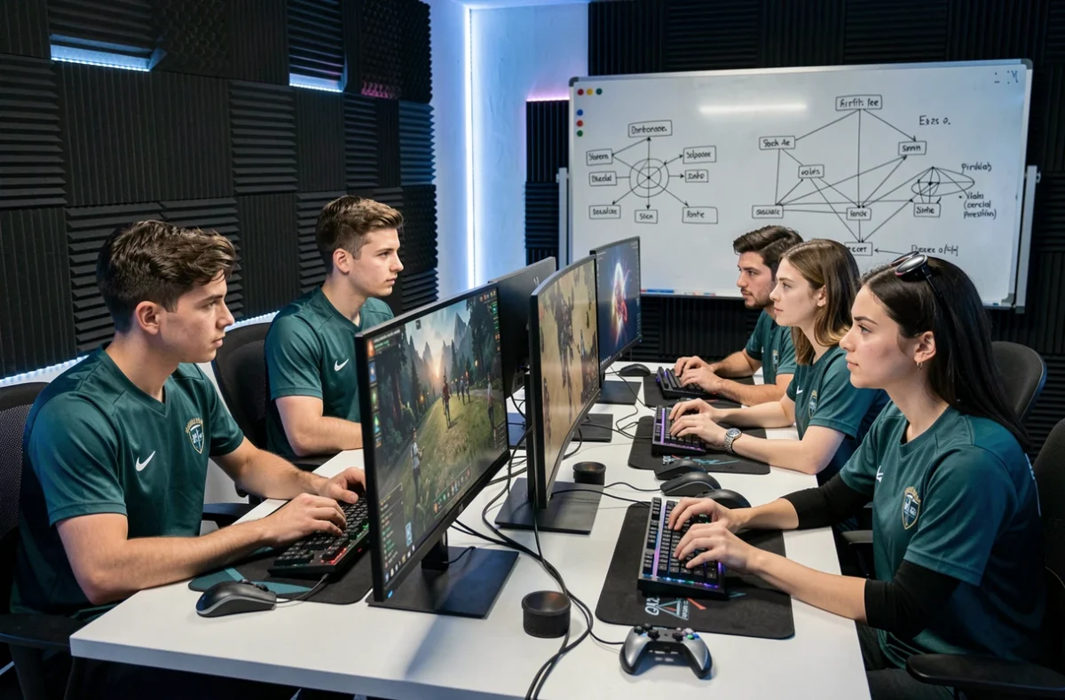 Équipe esports concentrée autour de postes de gaming dans une salle d'entraînement professionnelle pour Game Aeonscope