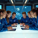 Equipe d'ingénieurs en mission spatiale dans un centre de contrôle