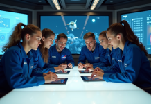 Equipe d'ingénieurs en mission spatiale dans un centre de contrôle