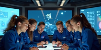 Equipe d'ingénieurs en mission spatiale dans un centre de contrôle