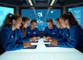 Equipe d'ingénieurs en mission spatiale dans un centre de contrôle