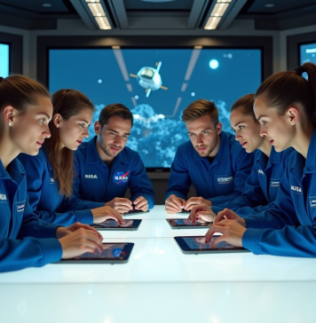 Equipe d'ingénieurs en mission spatiale dans un centre de contrôle