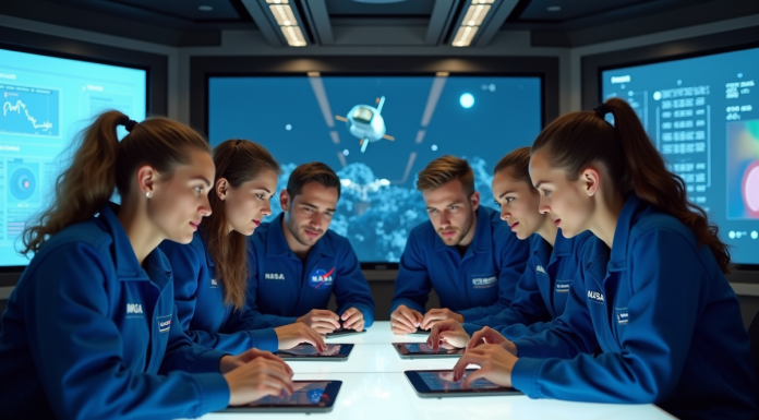 Equipe d'ingénieurs en mission spatiale dans un centre de contrôle