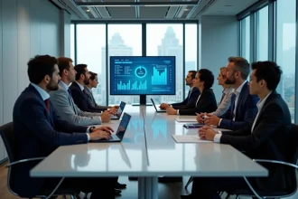 Groupe de professionnels en réunion avec tableau digital