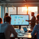 Groupe de professionnels en réunion dans un bureau lumineux avec écran interactif