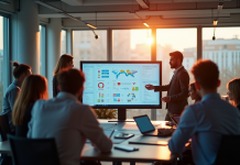 Groupe de professionnels en réunion dans un bureau lumineux avec écran interactif