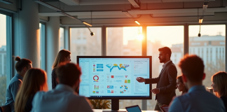 Groupe de professionnels en réunion dans un bureau lumineux avec écran interactif