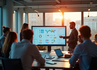 Groupe de professionnels en réunion dans un bureau lumineux avec écran interactif