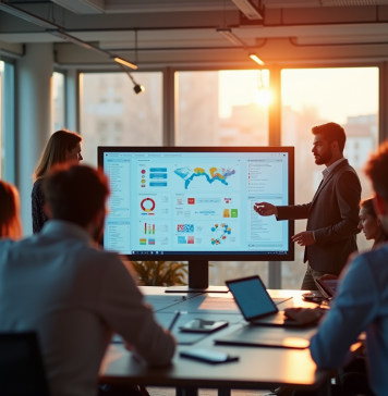 Groupe de professionnels en réunion dans un bureau lumineux avec écran interactif